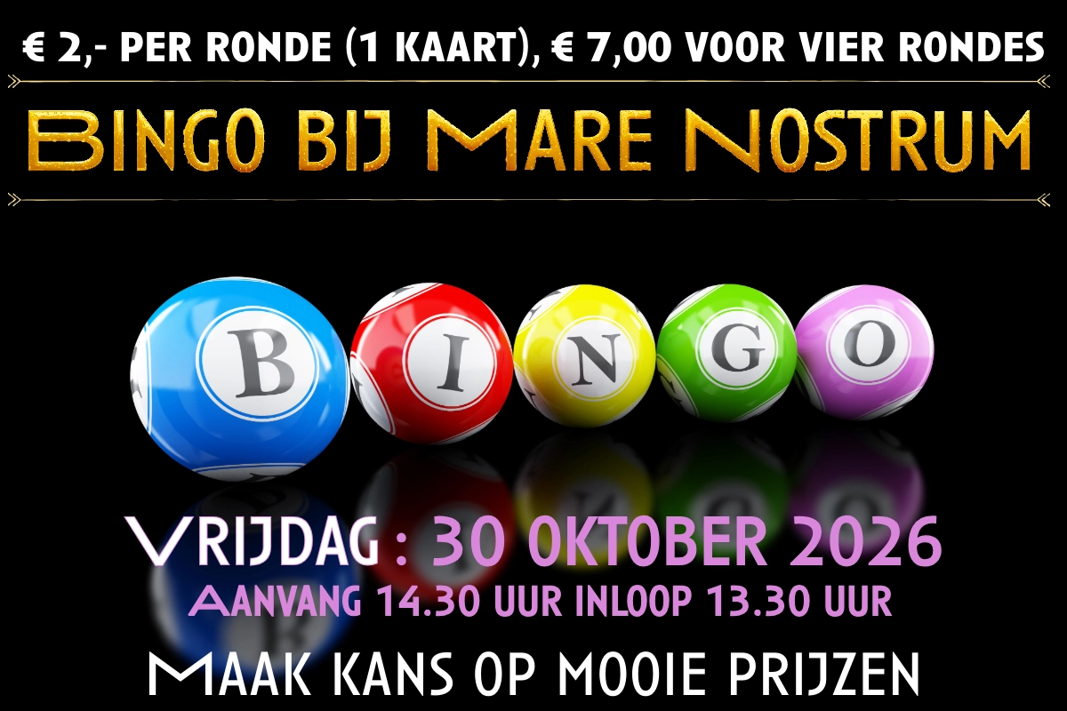 Bingoballen met tekst over aanvang en kosten van de bingo