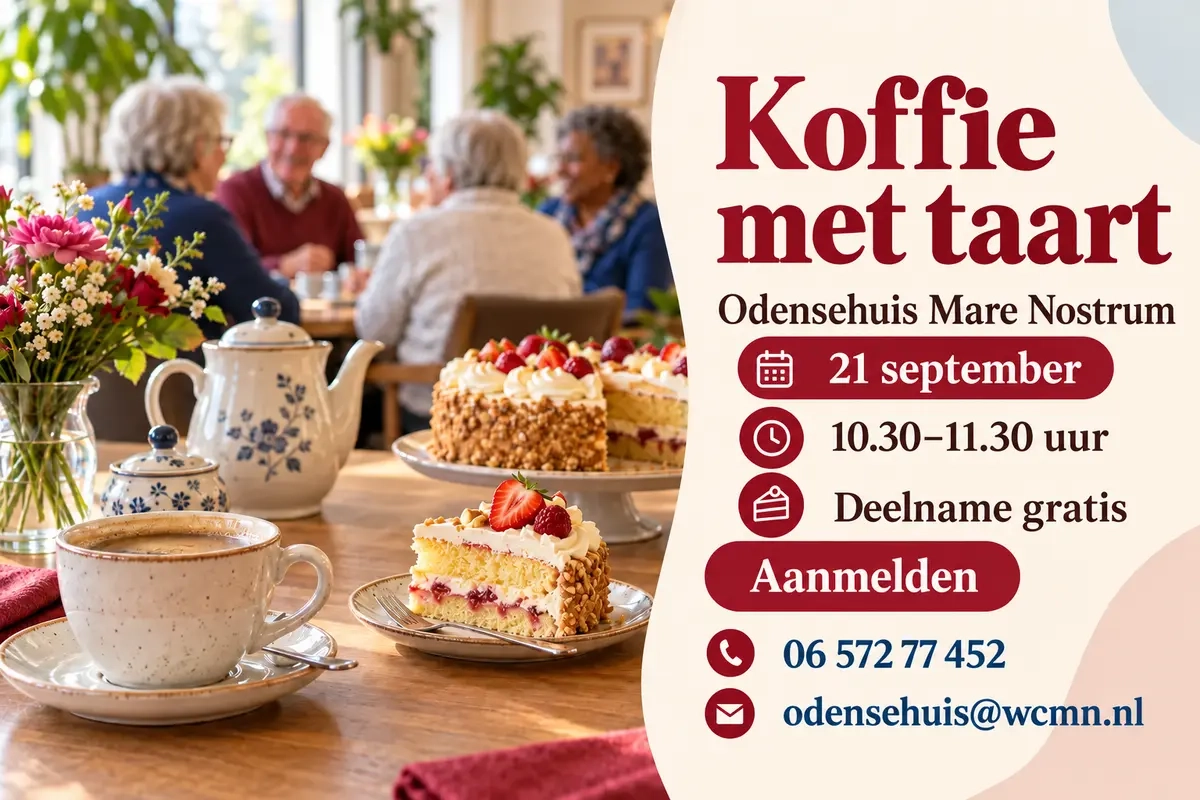 foto van koffie met gebak op de voorgrond, achter zie je wat vager mensen aan een tafel, gezellig pratend