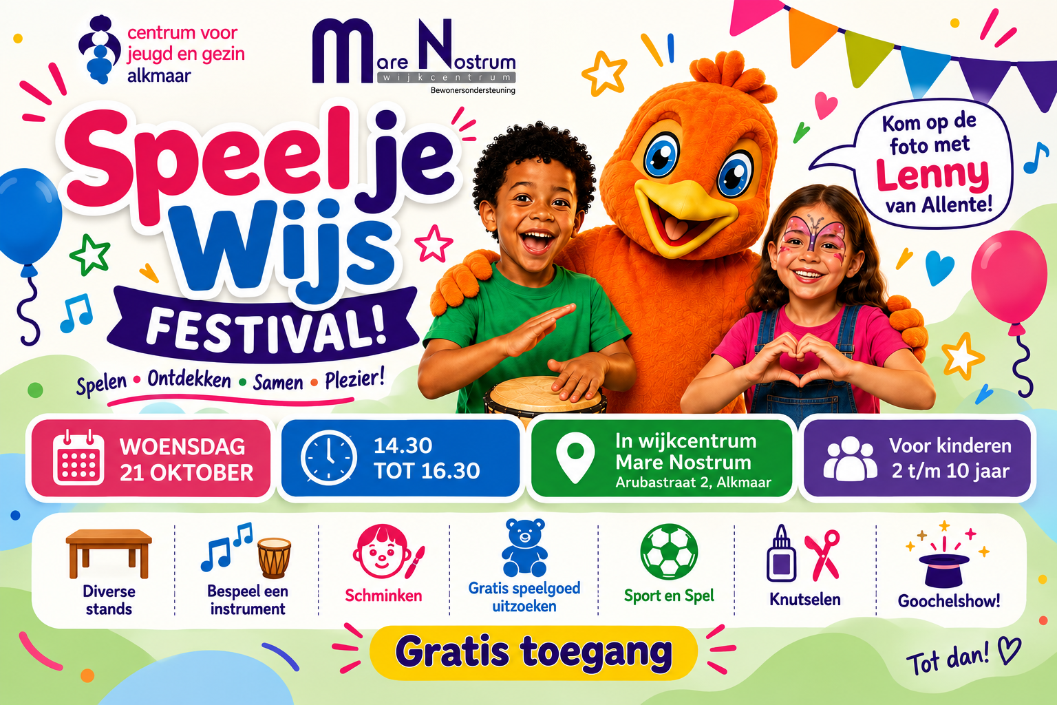 aankondiging met daarop twee kinderen met in het midden een soort Pino van Sesdamstraat