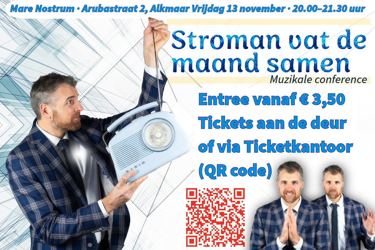 foto van Stroman met een transistorradio in zijn hand plus tekst die de voorstelling aankondigt