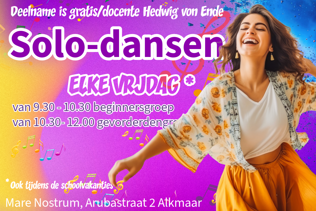 Solodansende vrouw, met tekst over onder andere de aanvangstijden
