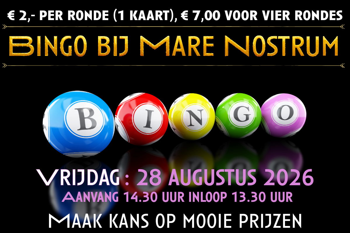 Bingoballen met tekst over datum, aanvang en kosten