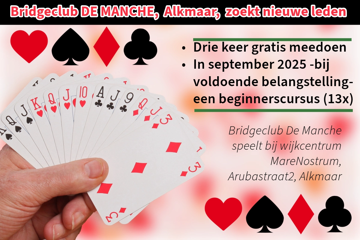 Een hand met speelkaarten en de vier kaartsymbolen sieren deze oproep voor nieuwe leden op