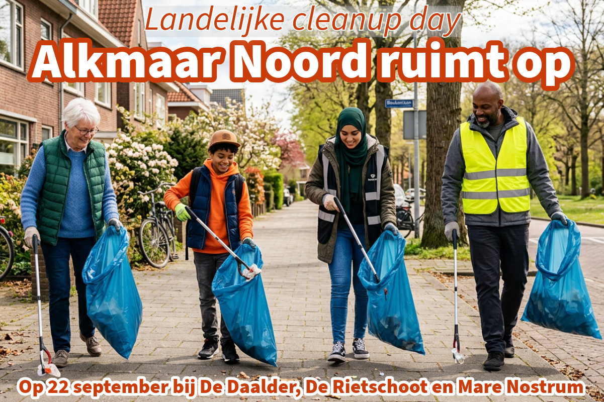Vier mensen die met grijpertje en vuilniszak in de hand een straat opruimen