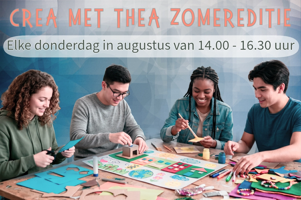 Vier mensen aan een tafel, bezig met schilderen, knippen en plakken