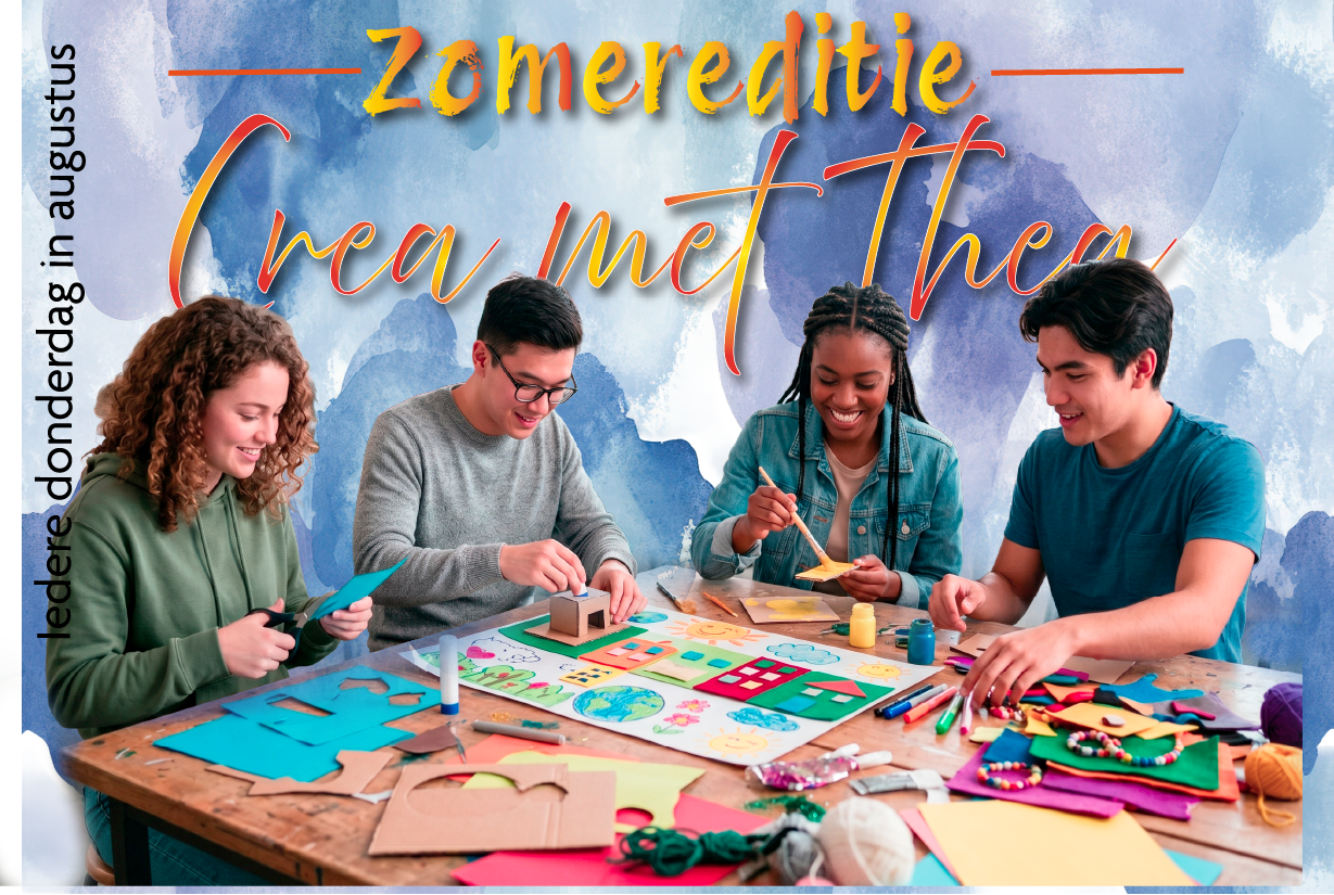 Vier mensen aan een tafel, bezig met schilderen, knippen en plakken