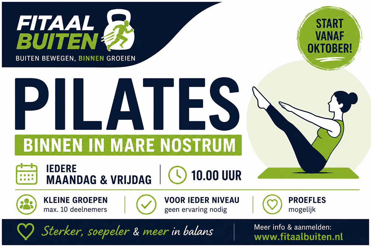 Tekening van een vrouw die een pilatesoefening uitvoert + tekst