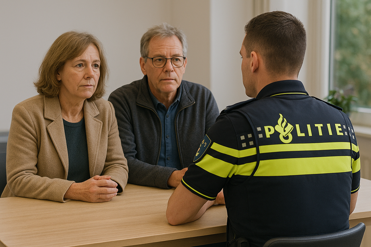 foto van politieagent in gesprek met een man en een vrouw