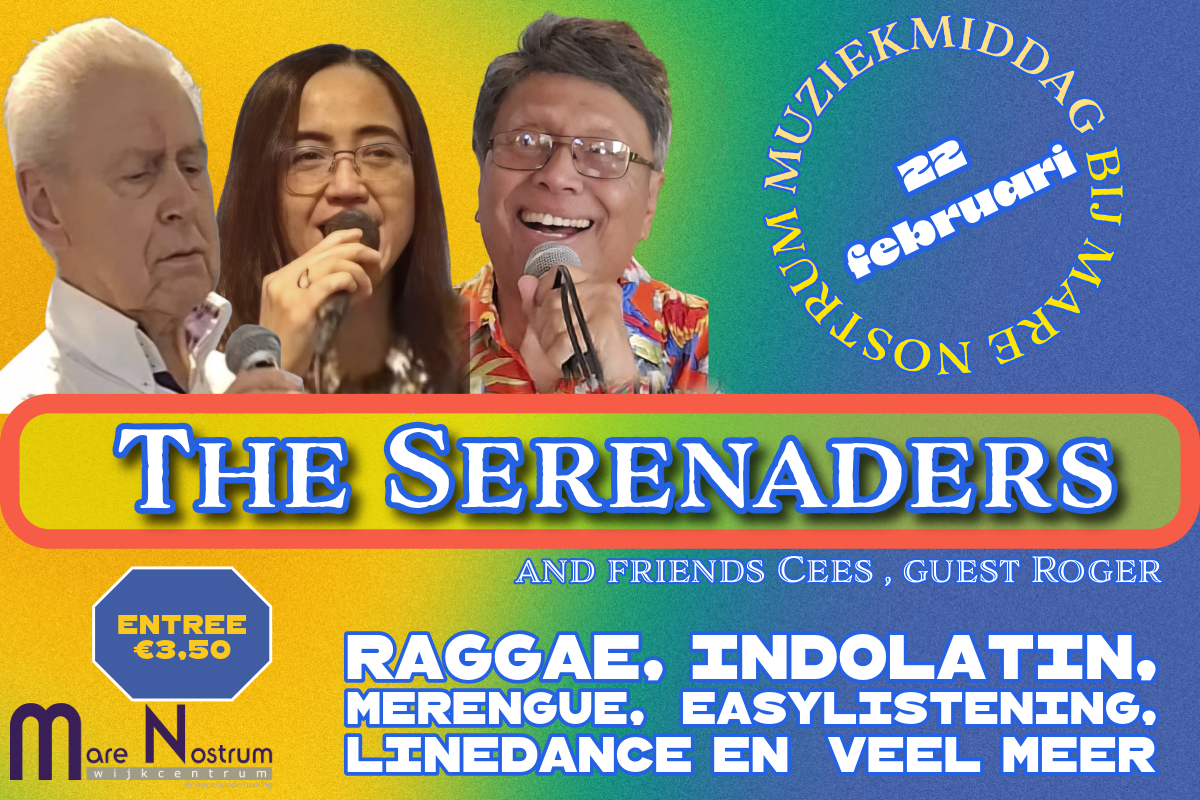 foto met daarop drie zangers en een overzicht van de genres die gezongen worden