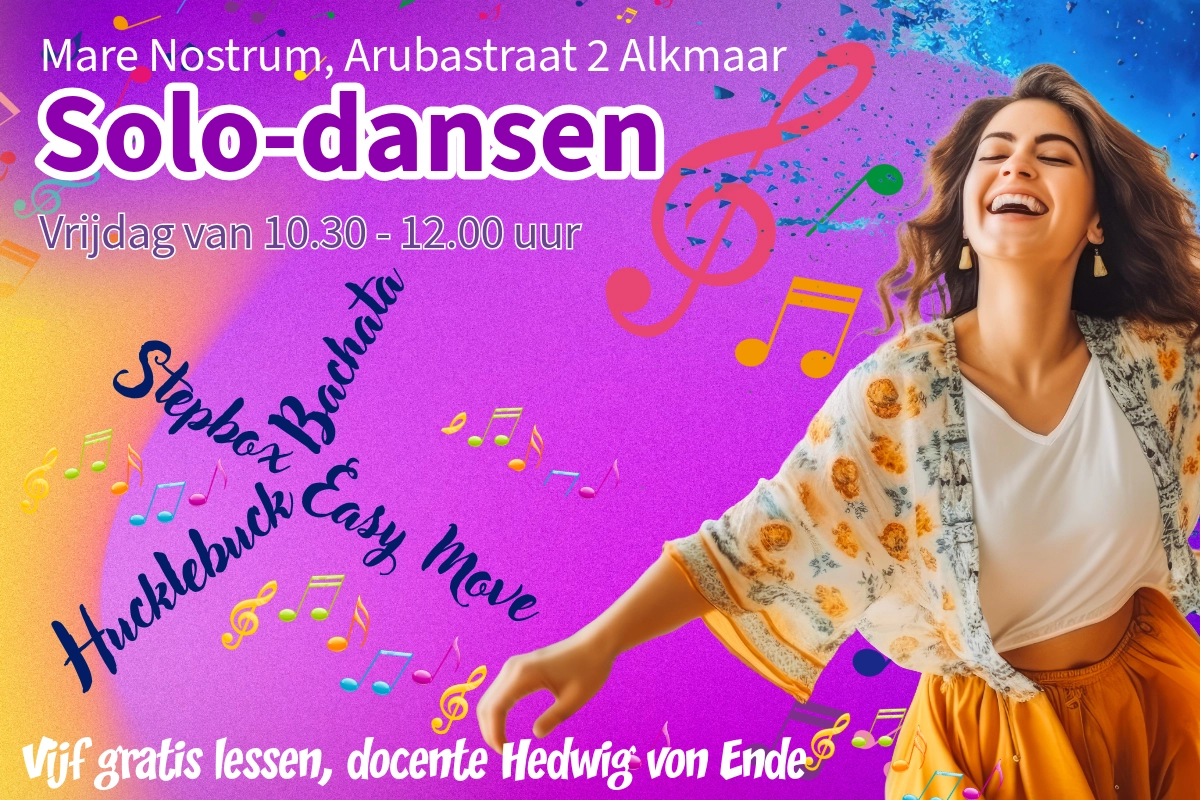 Dansende vrouw plus tekst over solodansen, iedere vrijdag van 10.30-12.00 uur