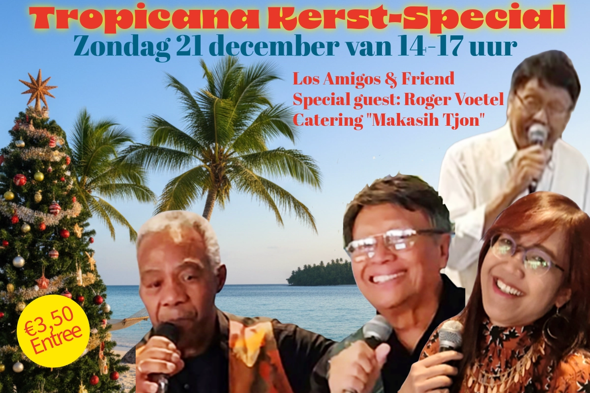 Foto can de zangers met een tropisch plaatje op de achtergrond